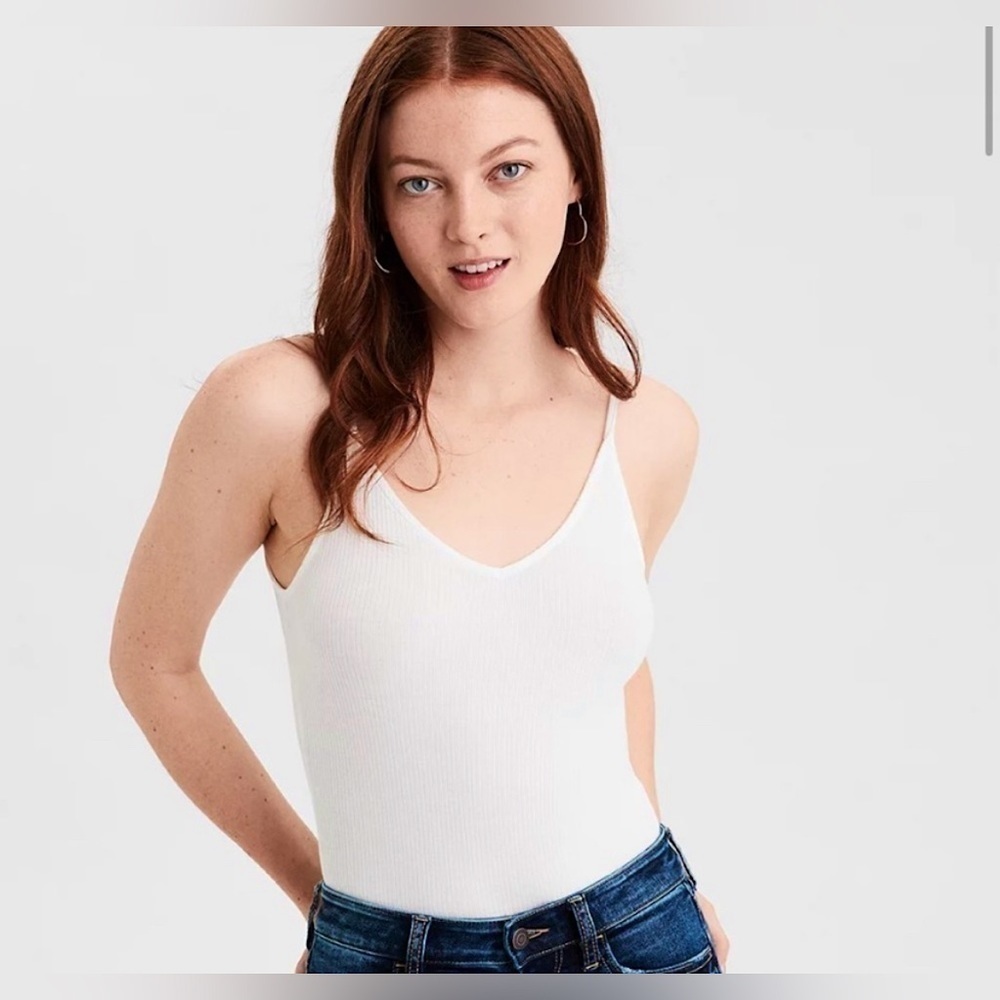AE White Ribbed V-Neck Bodysuit
